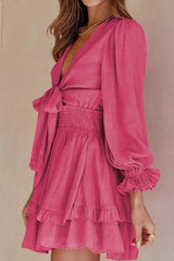 Elegant Tie-Front Ruffle Mini Dress with Smocked Wiast