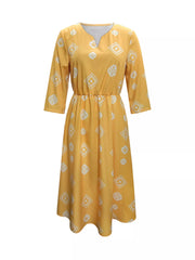 Notched 3/4 Sleeve Midi Dress