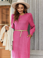 Ribbed Knit Puff Sleeve Casual Mini Dress