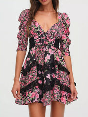 Ruffled Floral Print Half Sleeve Dress