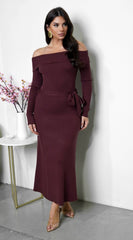 Zoya Off Shoulder Ribbed Midi Dress - Brown
