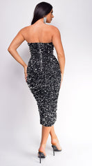 Raine Silver Black Velvet Sequin Midi Dress