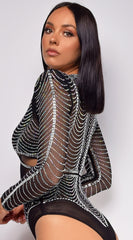 Yesly Black Rhinestone Mesh Long Sleeve Bodysuit