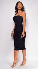 Valery Black Mesh Ruched Midi Dress