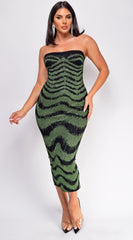 Zemira Green Black Metallic Print Midi Dress
