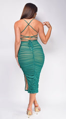 Keilana Mesh Ruched Midi Dress - Green