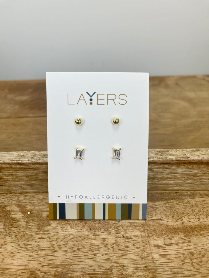 Gold baguette and ball duo stud earrings hypoallergenic for everyday gift from Magnolias Home Decor