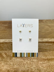 Gold baguette and ball duo stud earrings hypoallergenic for everyday gift from Magnolias Home Decor
