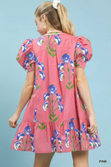 Umgee Floral Print Puff Sleeve Mini Dress with Scallop Trim