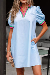 Puff Sleeve Mini Dress with Contrast Trim