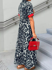 Leopard Print Button-Down Dress with Contrast Trim