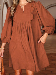 Split Neck Scallop Detail Corduroy Mini Dress