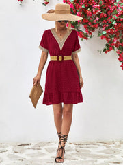 V-Neck Swiss Dot Ruffle Hem Mini Dress
