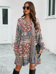 Boho Floral Print Long Sleeve Mini Dress