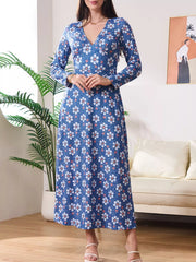 Floral Print V-Neck Long Sleeve Midi Dress
