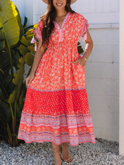 Floral Print Tasseled Tied Sleeve Empire Waist Dress