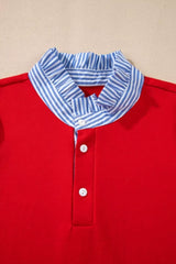 Contrast Striped Collar Patchwork Puff Sleeve Ruffle Hem Mini Dress