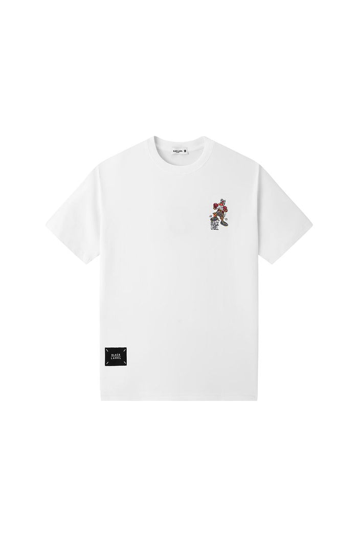 Black Label Fighting Duck T-Shirt in white, featuring a graphic design on the front, made from soft cotton fabric.