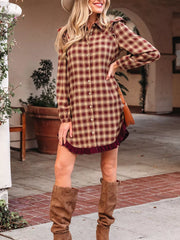 Plaid Print Ruffled Long Sleeve Patchwork Hem Mini Shirt Dress