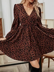 Leopard Print V-Neck Long Sleeve Mini Dress