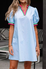 Puff Sleeve Mini Dress with Contrast Trim