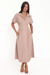 Eilis Short Sleeve Button Down Maxi Dress - Brown Stripe