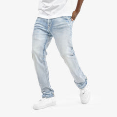 Copper Rivet Destroy Effect Cross Hatch denim jeans with distressed details and rugged style, in a classic blue denim finish.