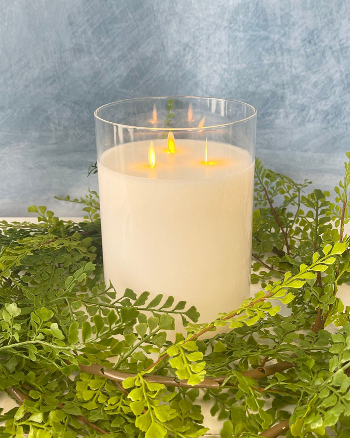 Glass cream 3-wick LED flameless pillar candle 6 x 8 inch with remote for traditional home decor from Magnolias Home Decor