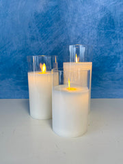 Glass cream moving flame LED flameless pillar candle set of 3 with remote for traditional home decor from Magnolias Home Decor