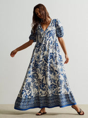 Floral Print Tie-Neck Puff Sleeve Maxi Dress