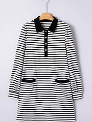 Stripe Buttoned Front Collared Long Sleeve T Shirt Dress with Pockets