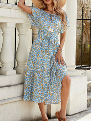 Floral Print Ruffle Hem Tie Front Midi Dress