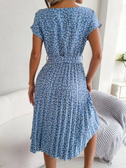 Floral Print Pleated Midi Dress with Belt
