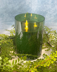 Glass dark green 3-wick LED flameless pillar candle 6 x 8 inch for transitional home decor from Magnolias Home Decor