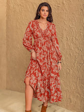 Boho Floral Print Long Sleeve Midi Dress