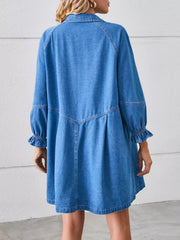 Button-Front Ruffle Cuff Denim Dress