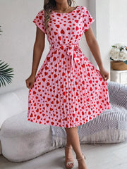 Heart Print Belted Pleated Midi Dress