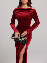 Ruched Velvet Long Sleeve Slit Dress