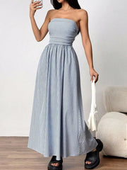 Striped Strapless Casual Maxi Dress
