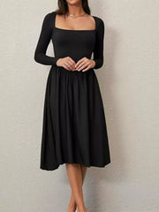 Square Neck Long Sleeve Midi Dress
