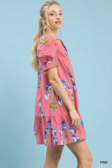 Umgee Floral Print Puff Sleeve Mini Dress with Scallop Trim