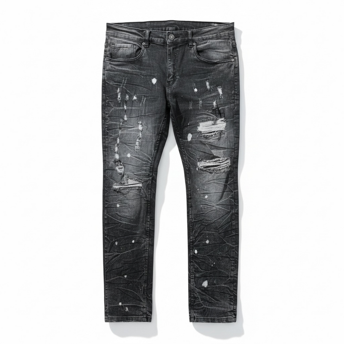 FWRD Evolution Slim Distressed Denim jeans in washed black, showing fitted style with ripped details and classic denim texture.