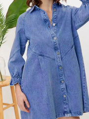 Ruffled Cuff Button-Down Denim Dress
