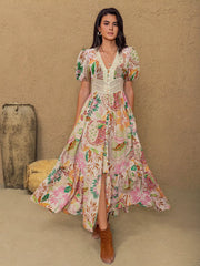 Lace Trim Floral Print Puff Sleeve Dress