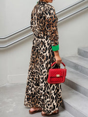 Leopard Print Long Sleeve Shirt Dress with Contrast Trim