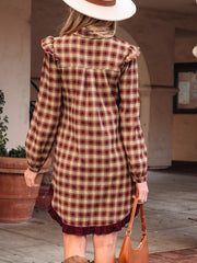 Plaid Print Ruffled Long Sleeve Patchwork Hem Mini Shirt Dress