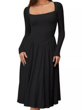 Square Neck Long Sleeve Midi Dress