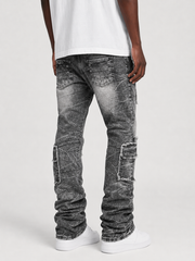 FWRD 'Eyelet' Stacked Denim in washed black, showcasing the stylish denim fabric with eyelet details and stacked design.