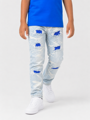 FWRD Kids Crystal denim jeans in ice blue and royal blue, stylish kids' denim pants with a classic fit and vibrant color.