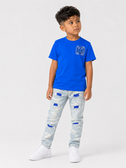 FWRD Kids Crystal denim jeans in ice blue and royal blue, featuring classic fit and stylish design for kids.